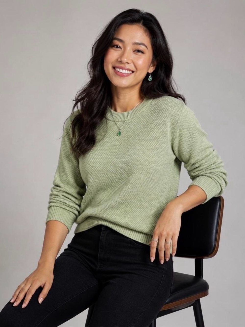 Quince Sweater Small Baby Alpaca Wool Preppy Sage Green Crew Neck Diamond Stitch
